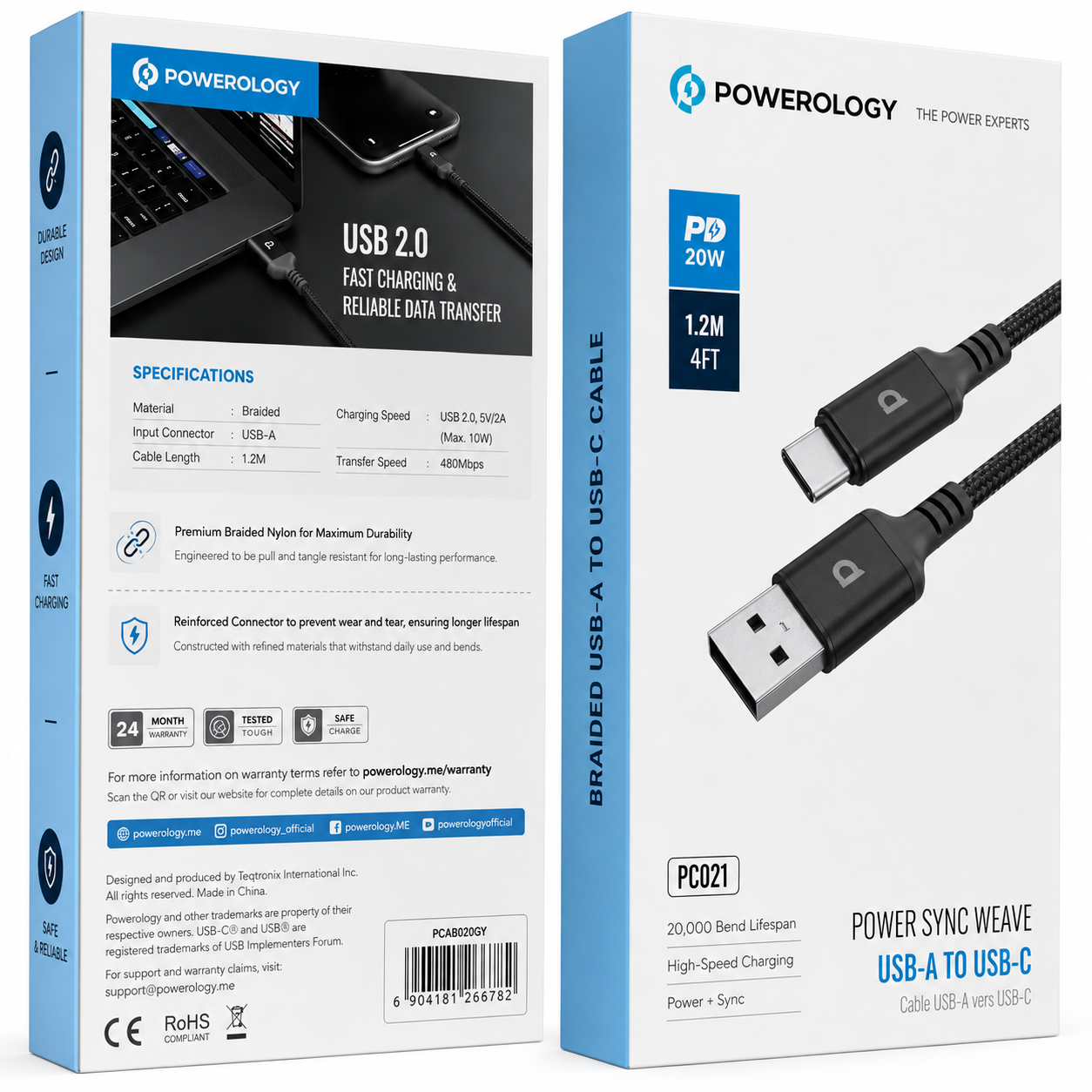 کابل پاورولوژی Powerology Power Sync Weave USB-C to USB-C 3M Cable PD 100W